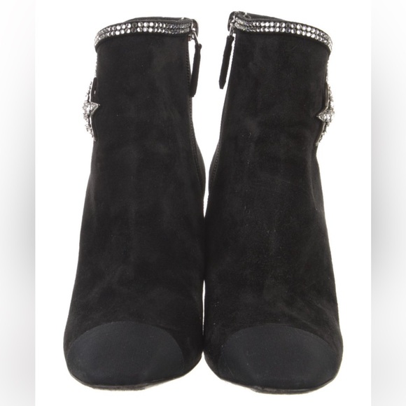 CHANEL Black Black Suede Ankle Boots with Silver Crystal Star - Picture 2 of 7